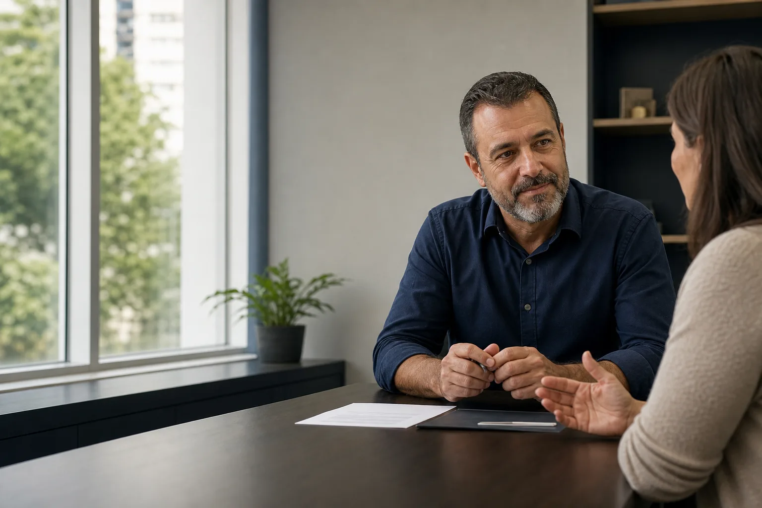 Corretor conversa atentamente com uma cliente